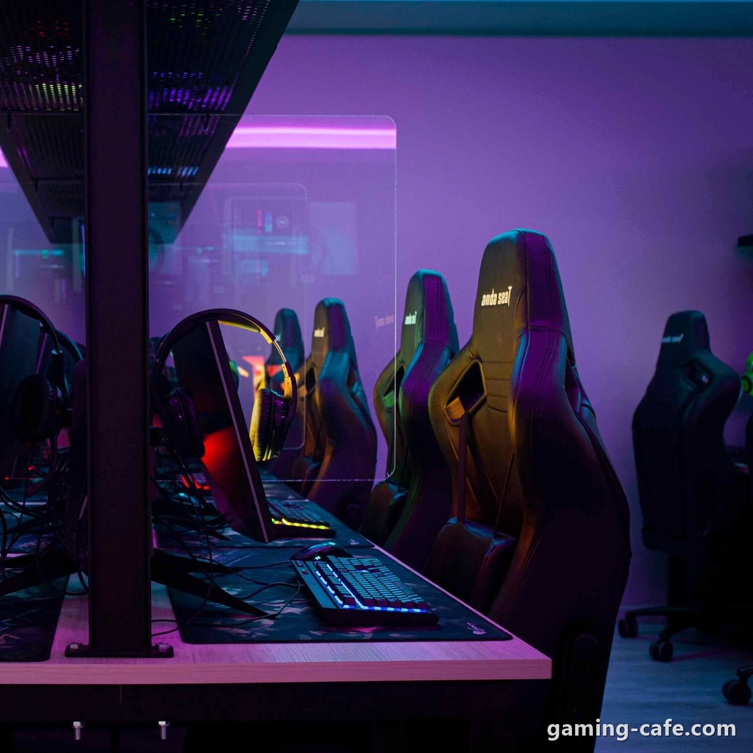 Esports gaming chairs and PC stations in a gaming cafe
