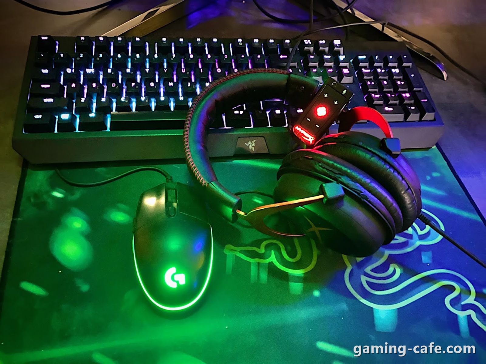 RGB gaming keyboard, mouse and headset on a desk